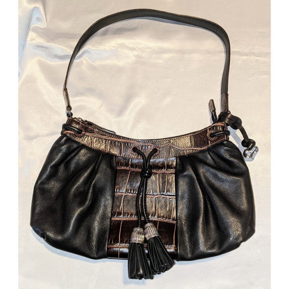Brighton Croc Embossed Leather Hobo Shoulder Bag Handbag Black/Brown EUC 8x12x3 - Picture 2 of 12